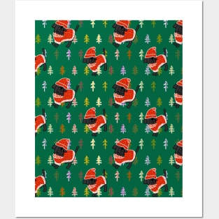 Cute Dog in Christmas Tree Winter Sweater and Red Hat Pattern Posters and Art